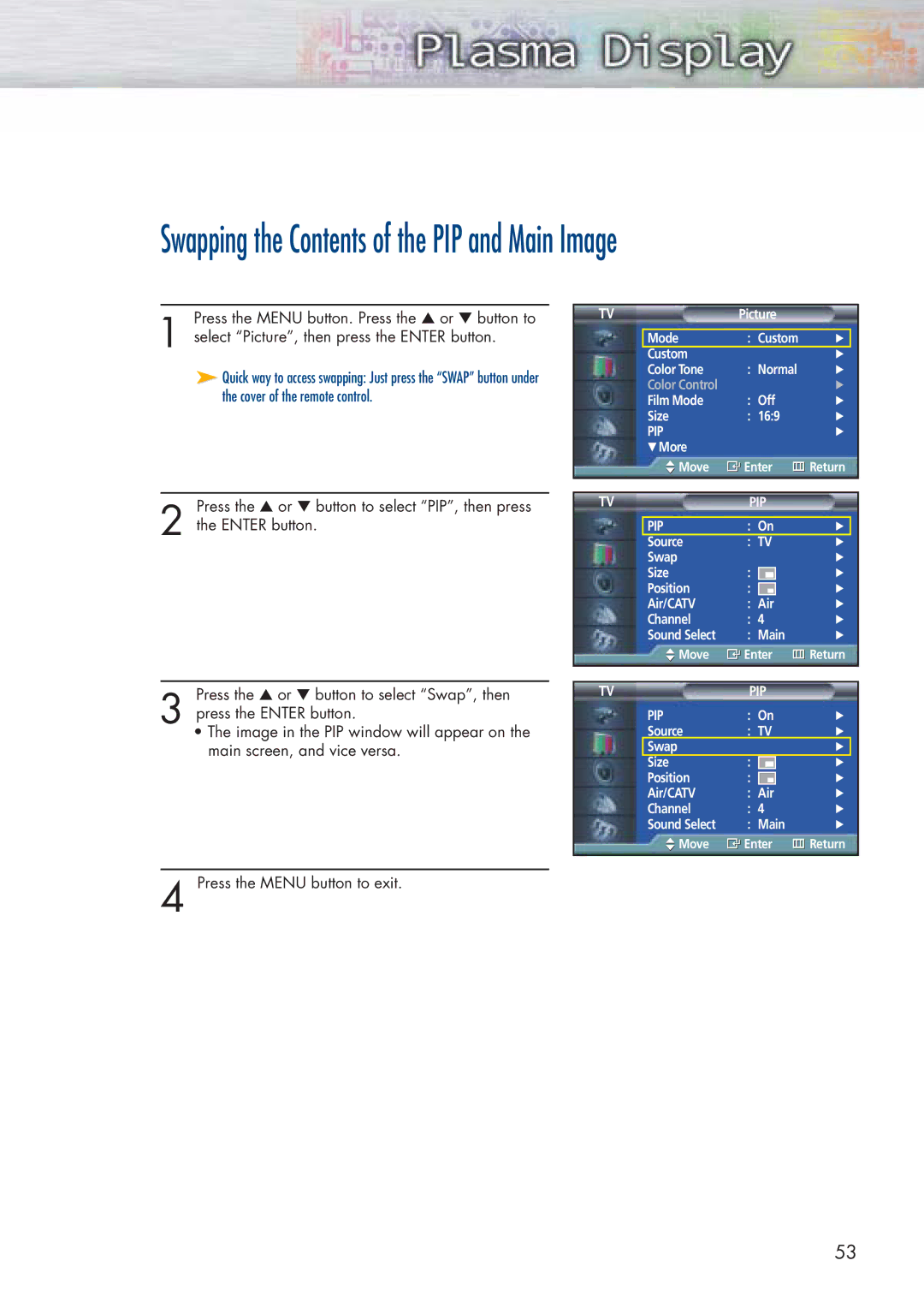 Samsung HP-P5071 manual Swapping the Contents of the PIP and Main Image 