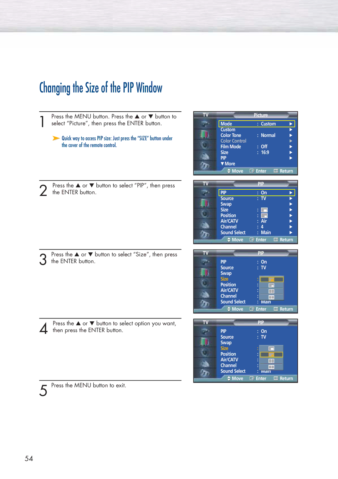 Samsung HP-P5071 manual Changing the Size of the PIP Window 