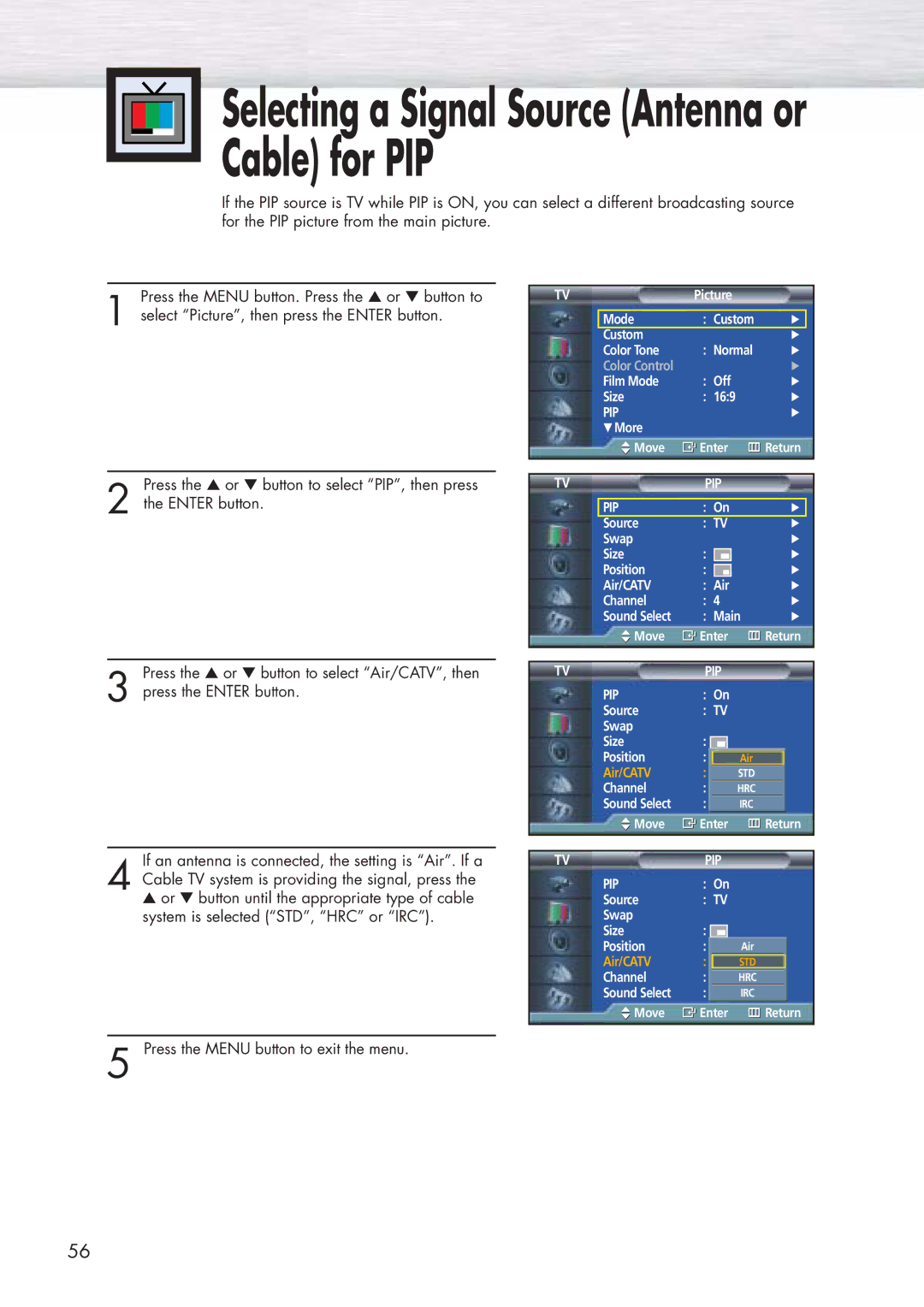 Samsung HP-P5071 manual Selecting a Signal Source Antenna or Cable for PIP 