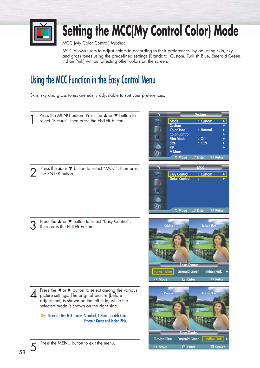 Samsung HP-P5071 manual Setting the MCCMy Control Color Mode 