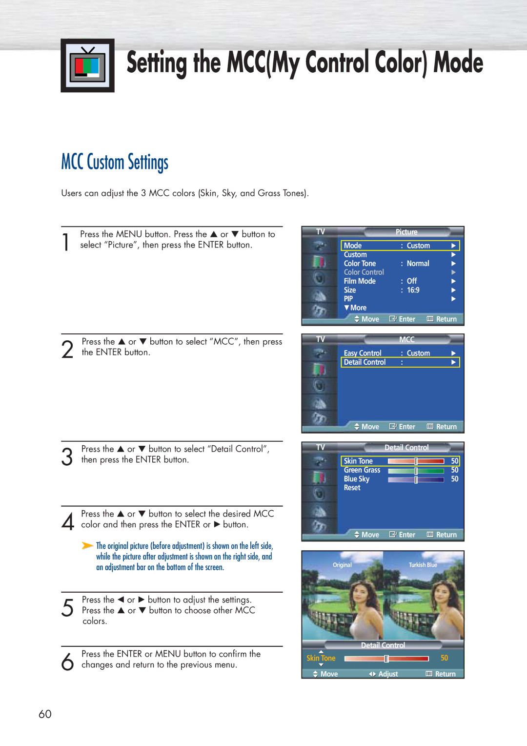 Samsung HP-P5071 manual MCC Custom Settings 