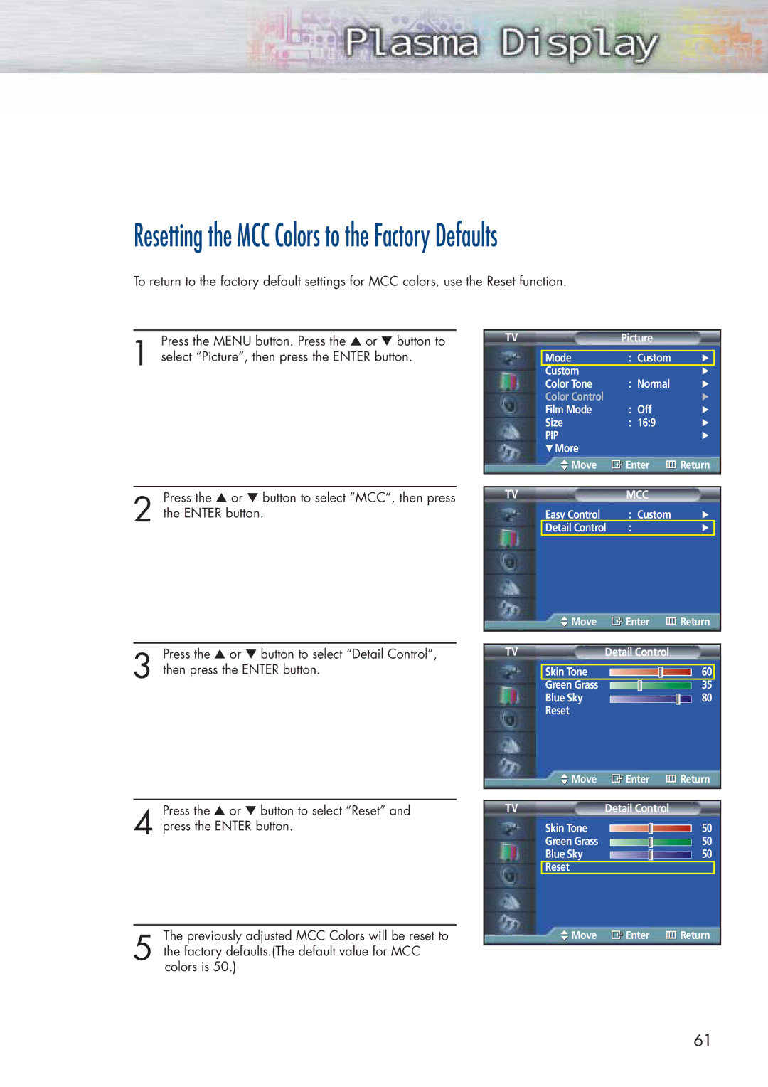 Samsung HP-P5071 manual Resetting the MCC Colors to the Factory Defaults 