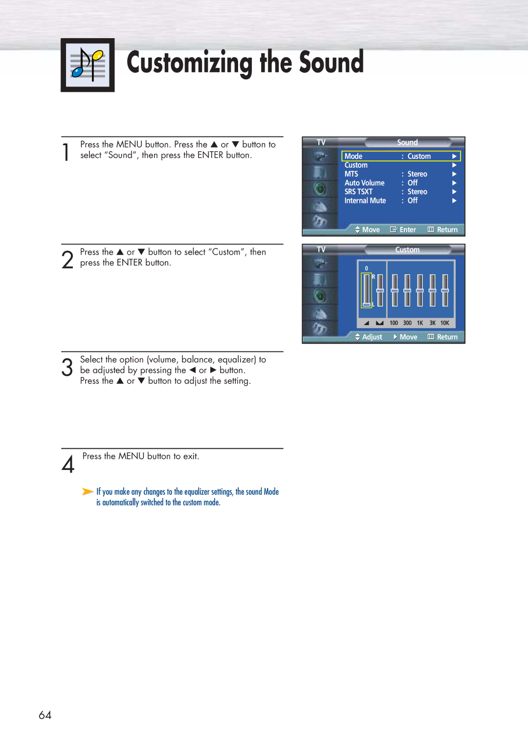 Samsung HP-P5071 manual Customizing the Sound 