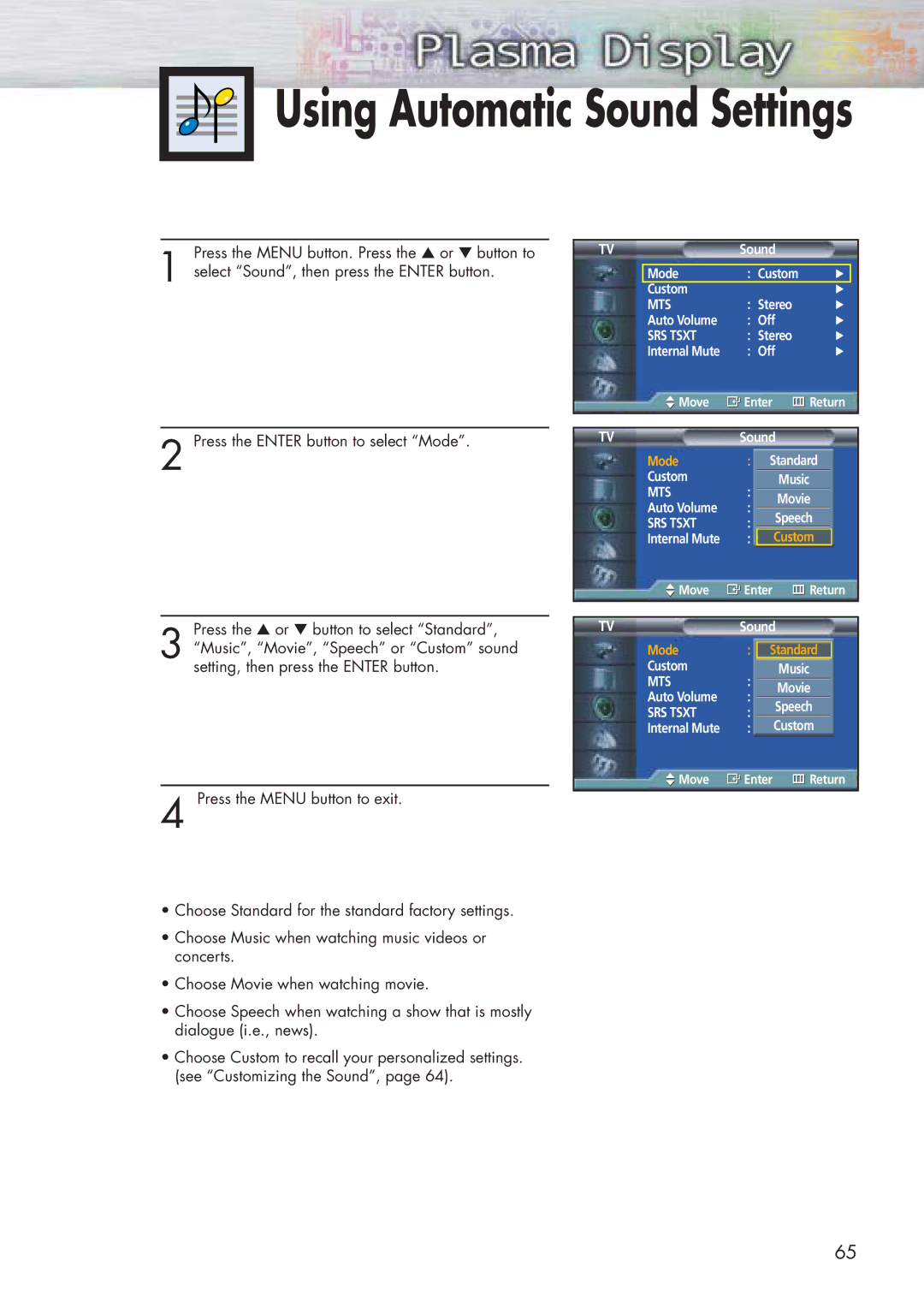 Samsung HP-P5071 manual Using Automatic Sound Settings 