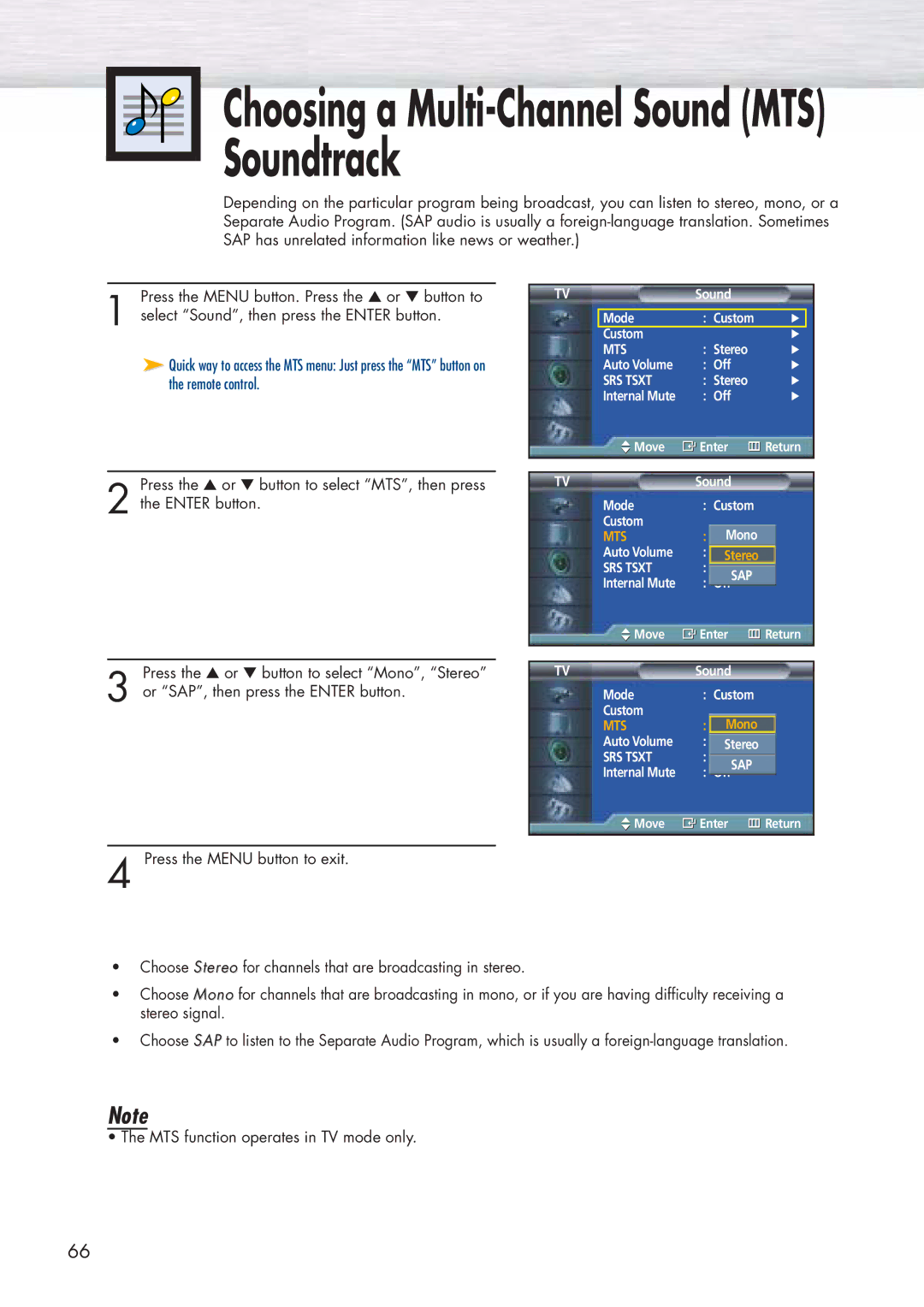 Samsung HP-P5071 manual Choosing a Multi-Channel Sound MTS Soundtrack 