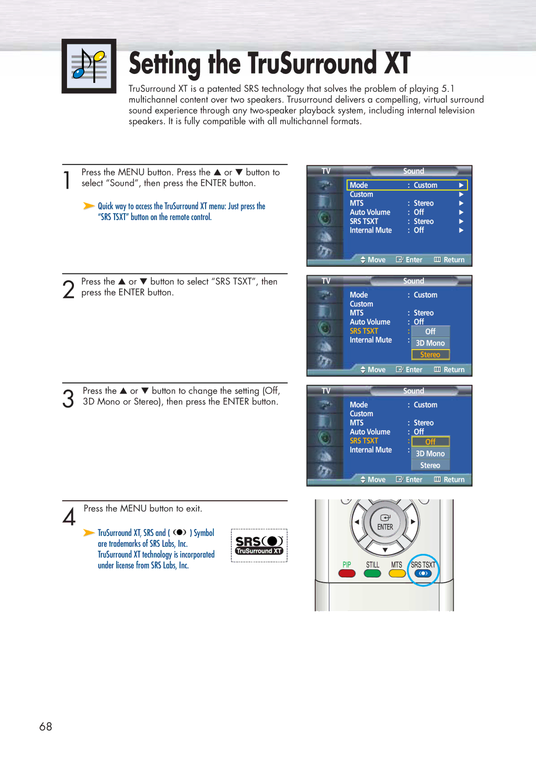 Samsung HP-P5071 manual Setting the TruSurround XT, TruSurround XT, SRS and Symbol 