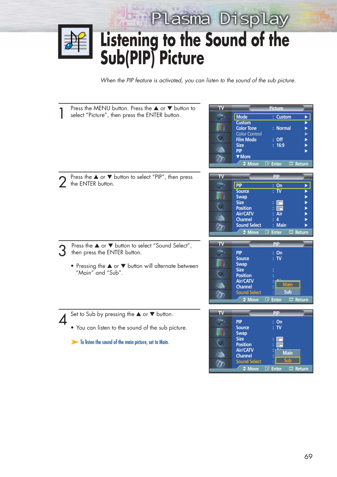 Samsung HP-P5071 manual Listening to the Sound of the SubPIP Picture 