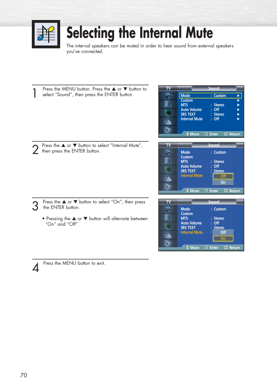 Samsung HP-P5071 manual Selecting the Internal Mute 