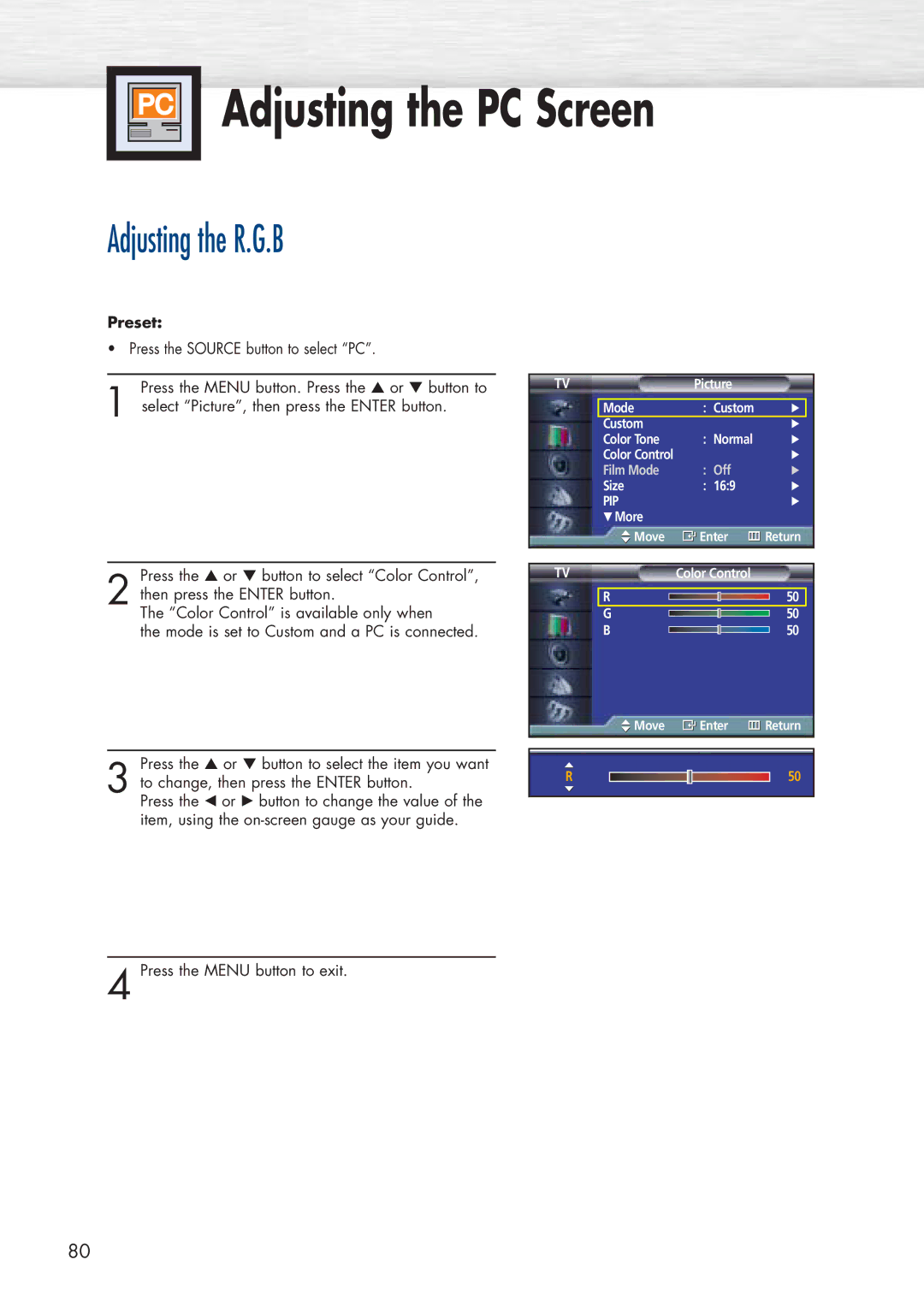 Samsung HP-P5071 manual Adjusting the PC Screen, Adjusting the R.G.B 