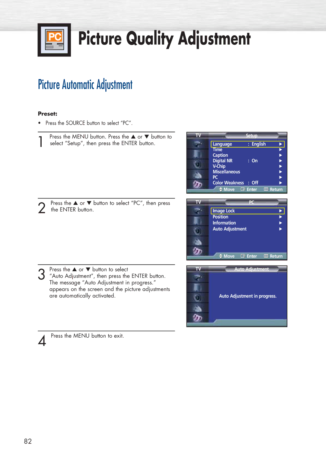 Samsung HP-P5071 manual Picture Quality Adjustment, Picture Automatic Adjustment 