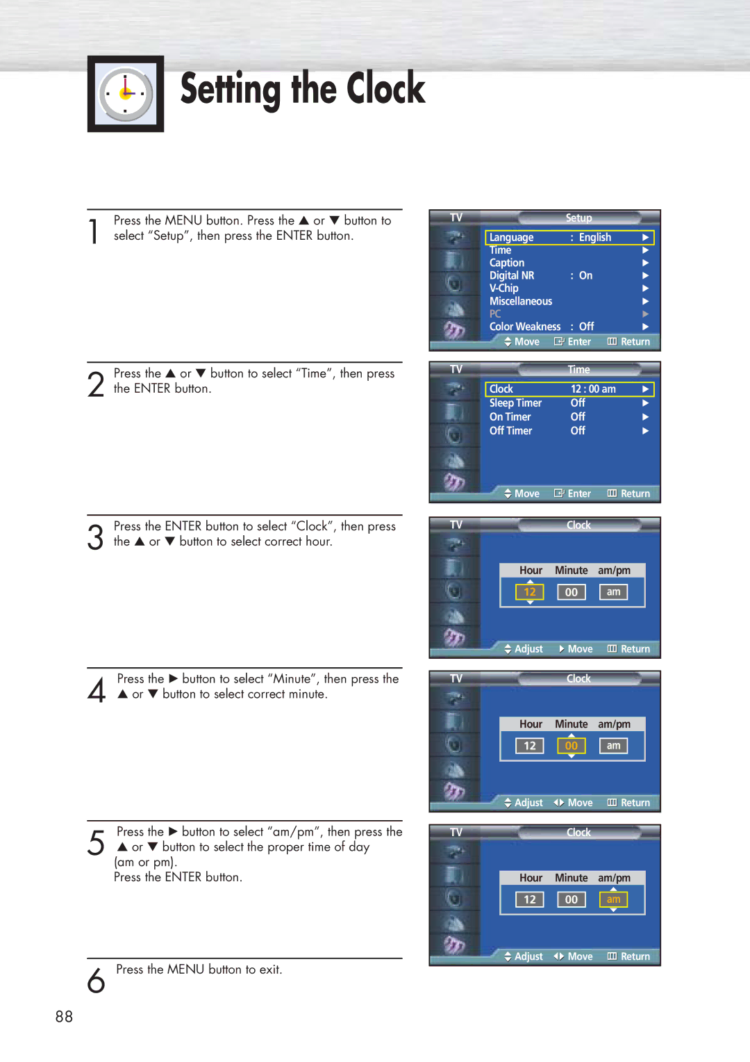 Samsung HP-P5071 manual Setting the Clock 