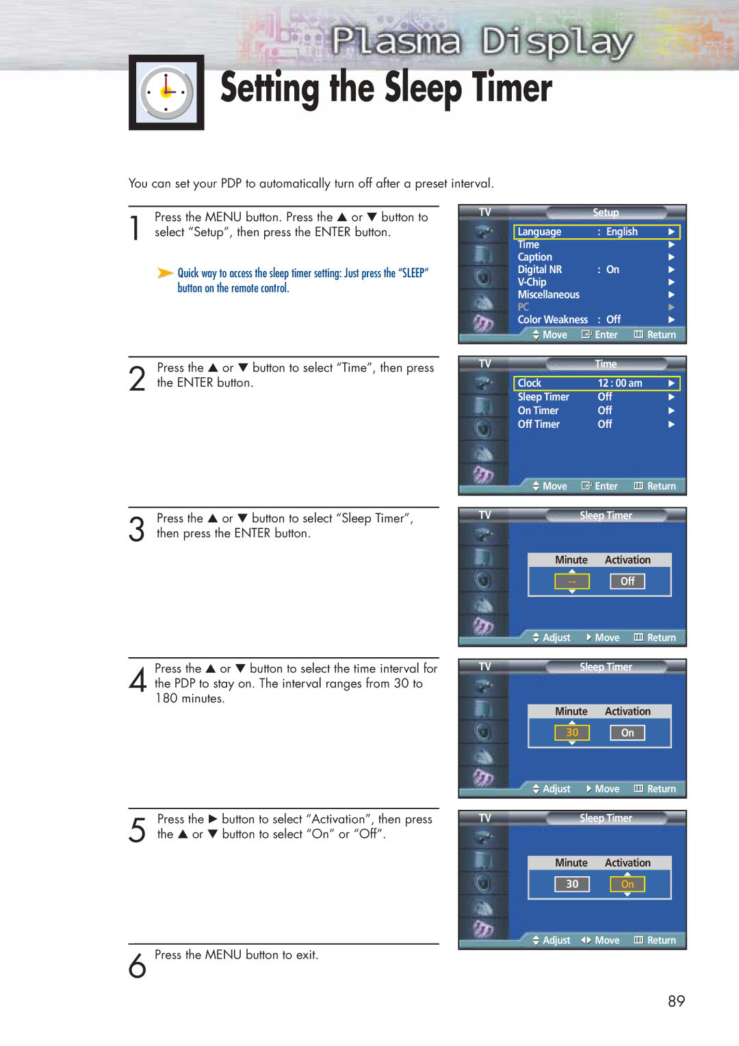 Samsung HP-P5071 manual Setting the Sleep Timer 