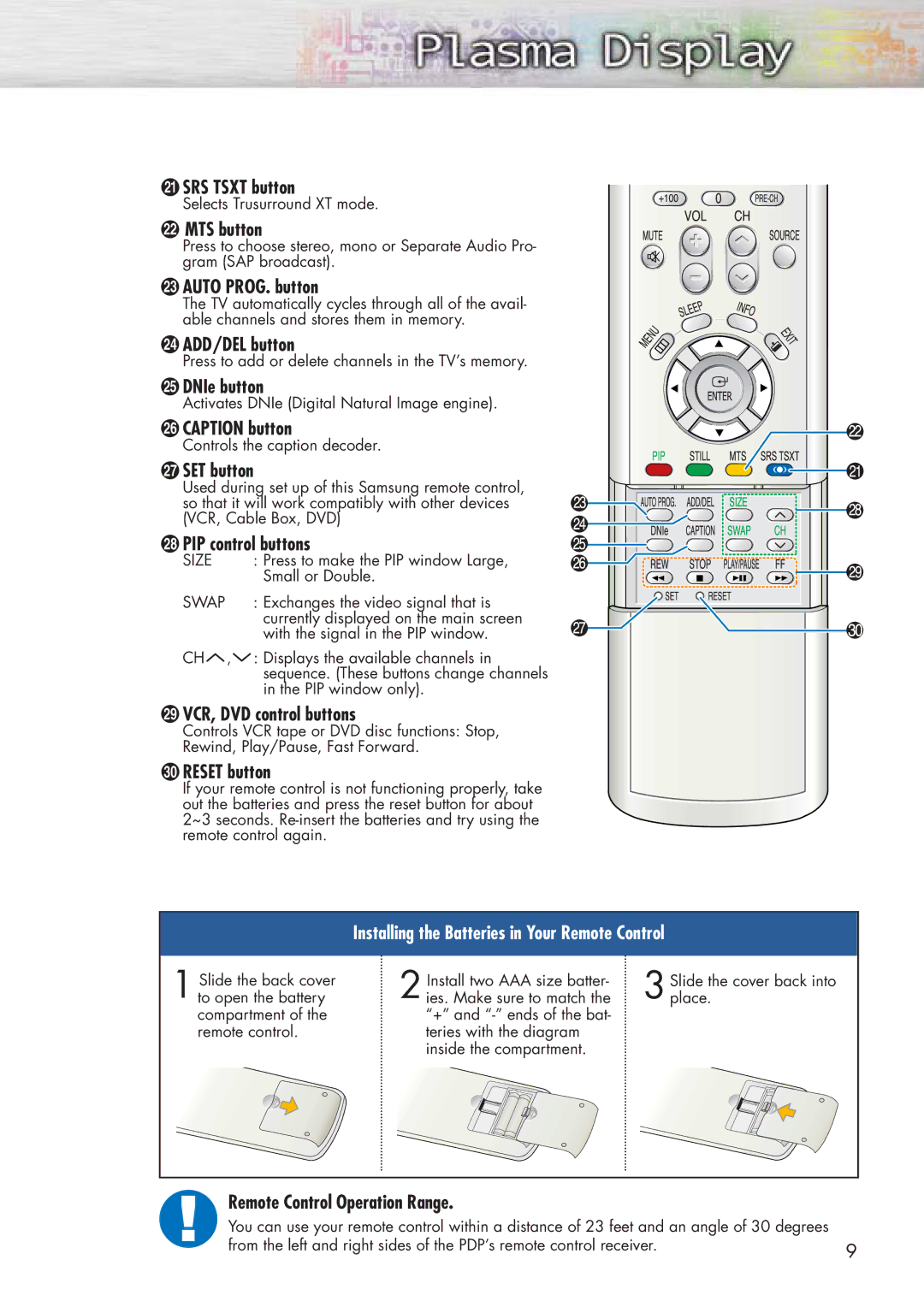 Samsung HP-P5071 manual ¸ SRS Tsxt button, ˛ MTS button, Auto PROG. button, ± ADD/DEL button, ≠ DNIe button, Caption button 