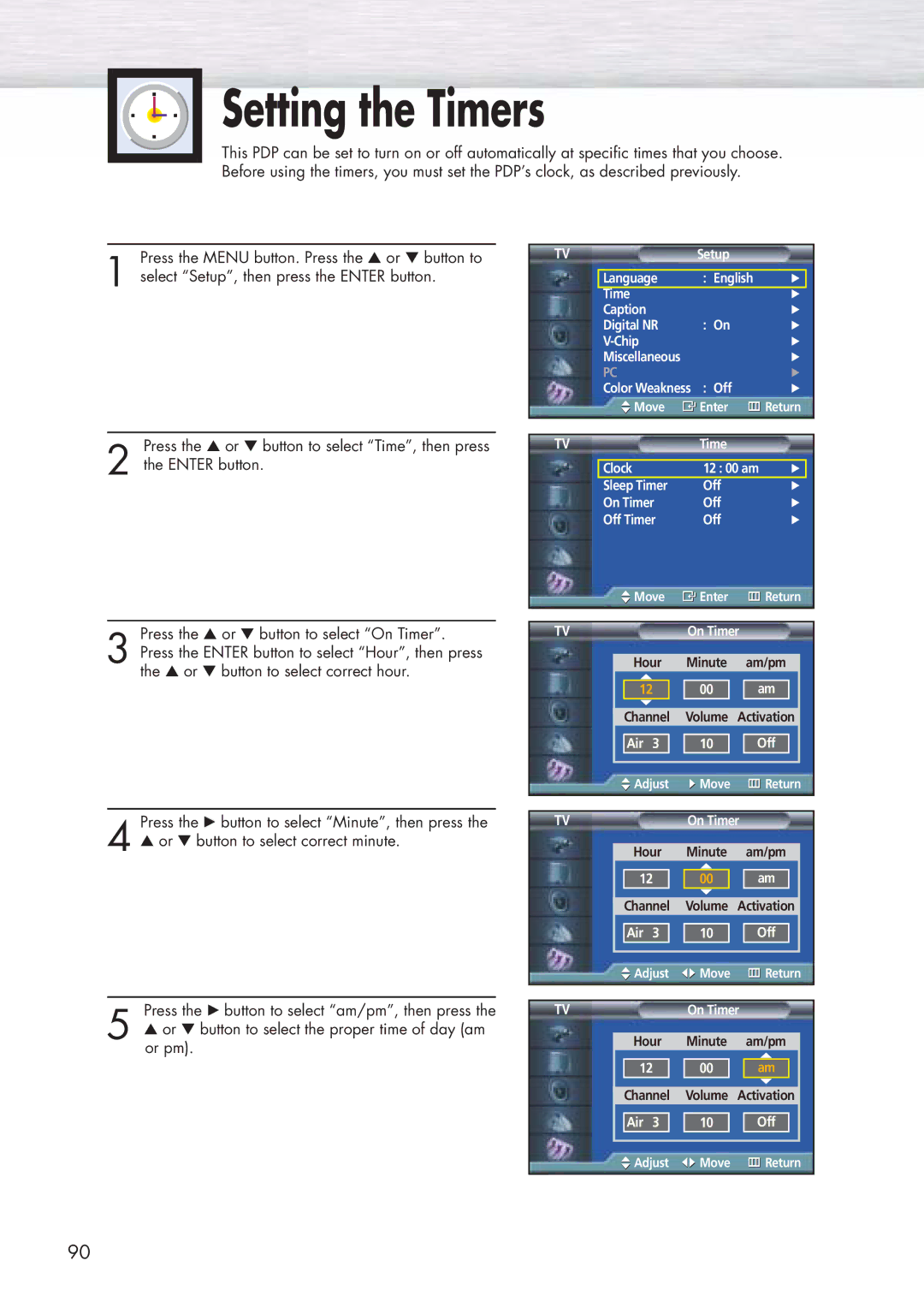 Samsung HP-P5071 manual Setting the Timers 