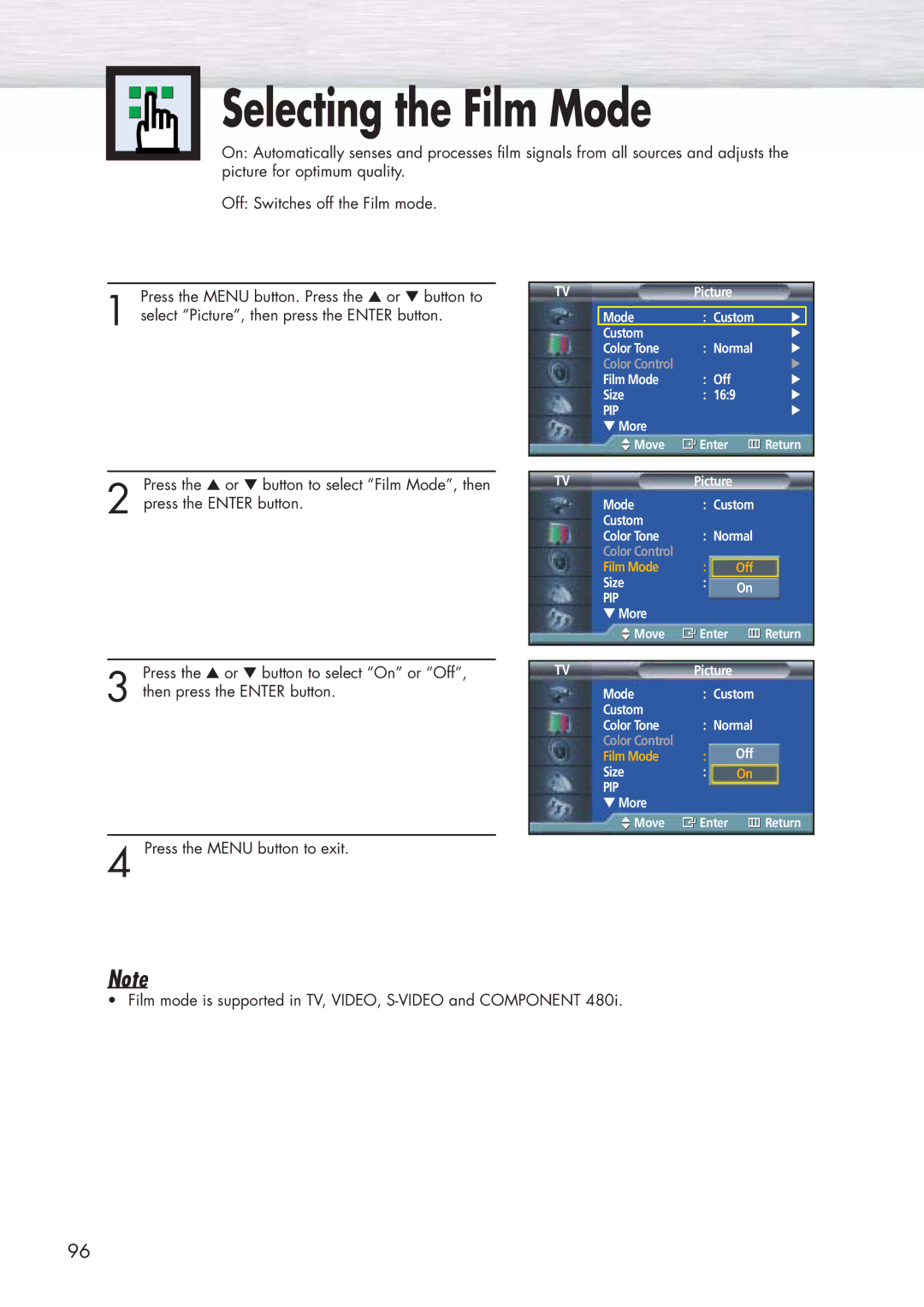 Samsung HP-P5071 manual Selecting the Film Mode 