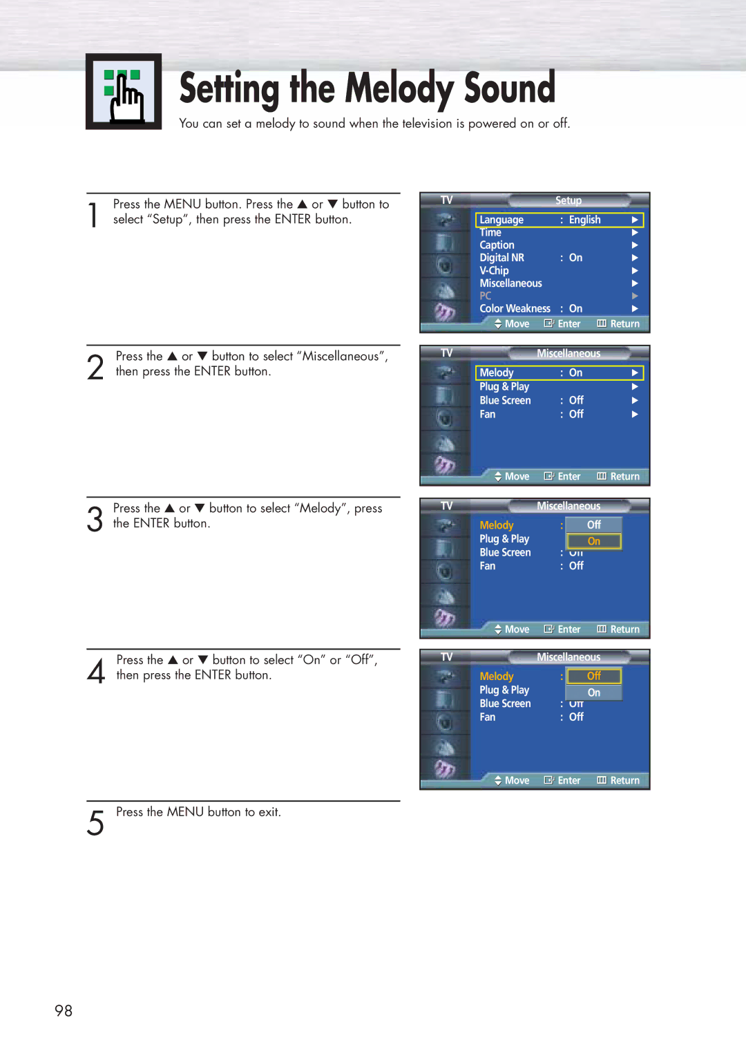 Samsung HP-P5071 manual Setting the Melody Sound 