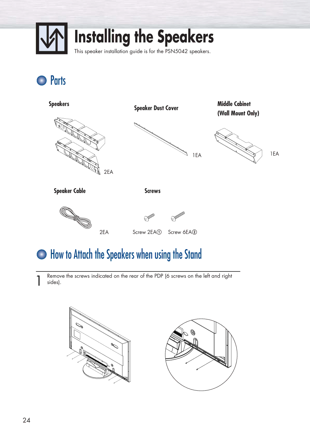 Samsung HP-P5091 manual Installing the Speakers, Parts, Speakers Speaker Dust Cover, Speaker Cable 