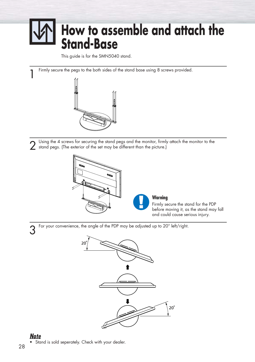 Samsung HP-P5091 manual How to assemble and attach the Stand-Base 