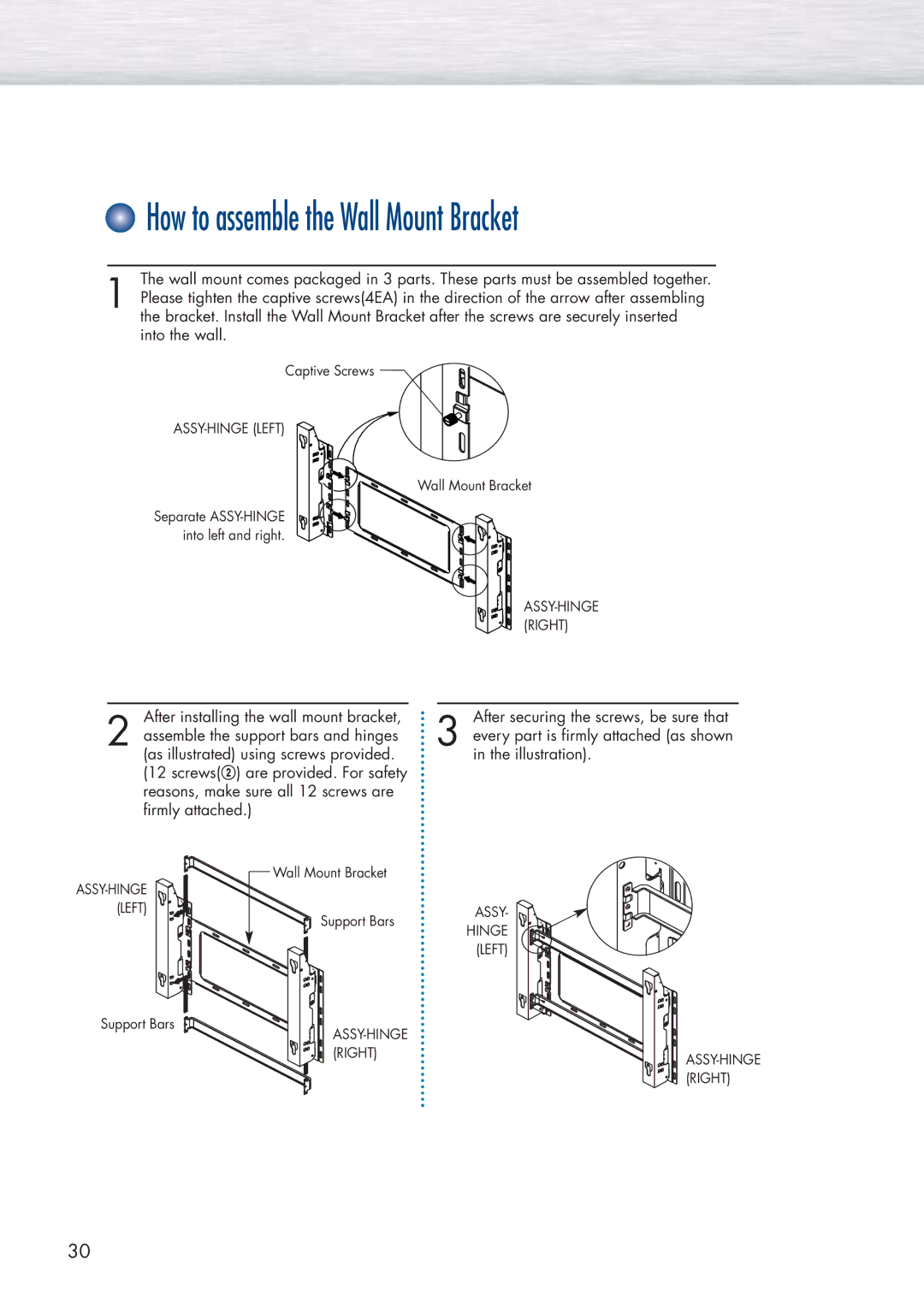 Samsung HP-P5091 manual How to assemble the Wall Mount Bracket 