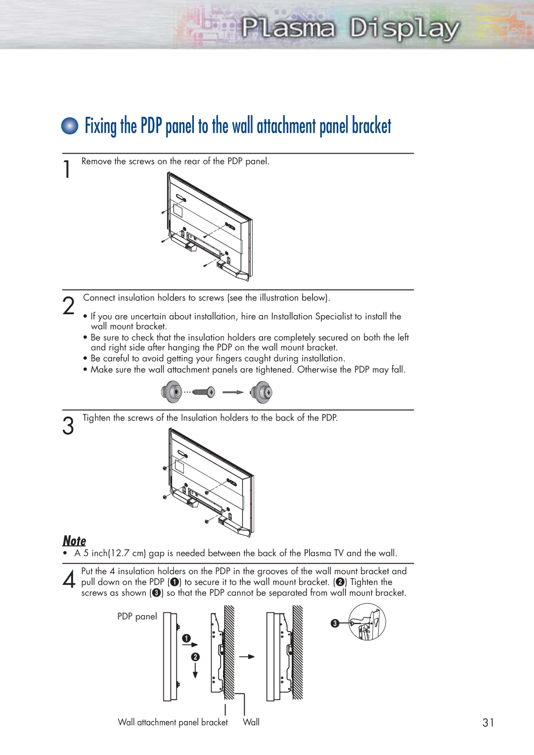 Samsung HP-P5091 manual Fixing the PDP panel to the wall attachment panel bracket 