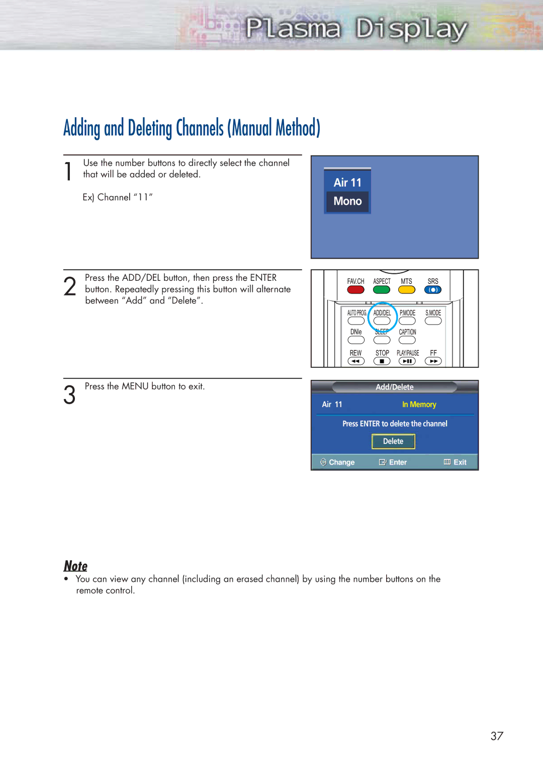 Samsung HP-P5091 manual Adding and Deleting Channels Manual Method, Mono 