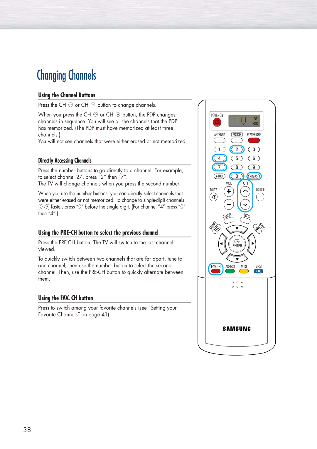 Samsung HP-P5091 manual Changing Channels, Using the Channel Buttons, Directly Accessing Channels, Using the FAV. CH button 