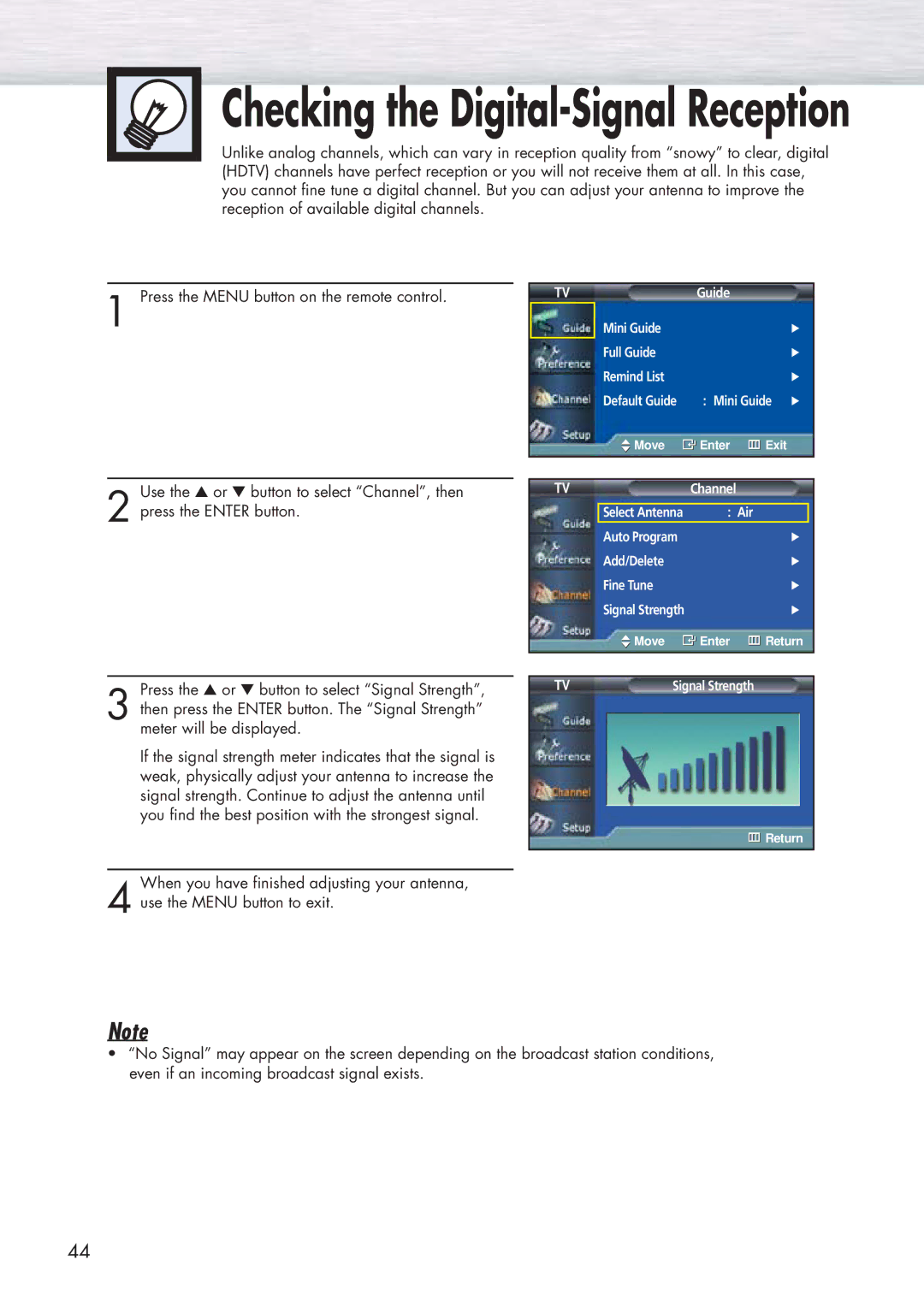 Samsung HP-P5091 manual Checking the Digital-Signal Reception 