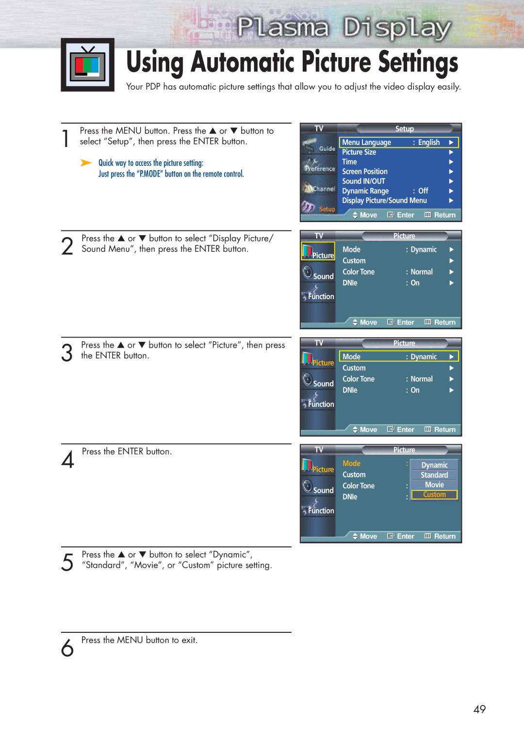 Samsung HP-P5091 manual Using Automatic Picture Settings 