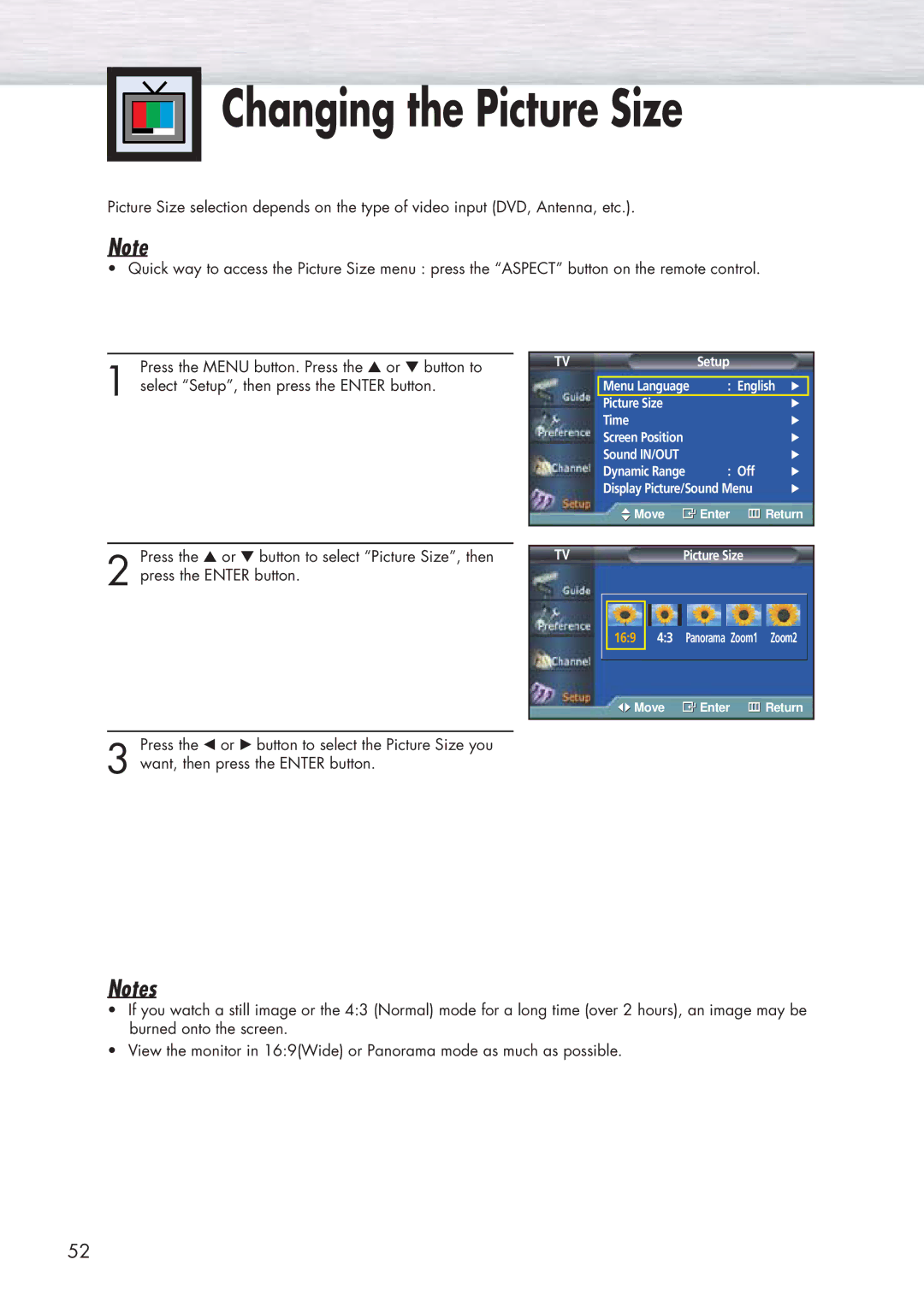 Samsung HP-P5091 manual Changing the Picture Size 