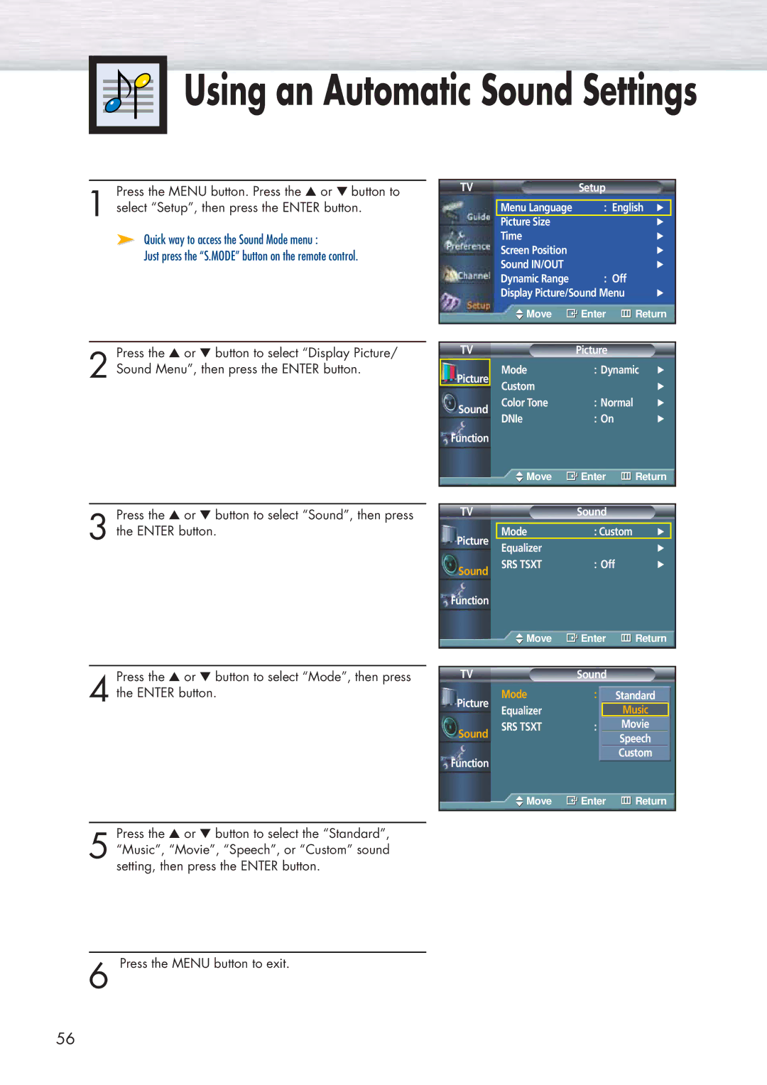 Samsung HP-P5091 manual Using an Automatic Sound Settings 