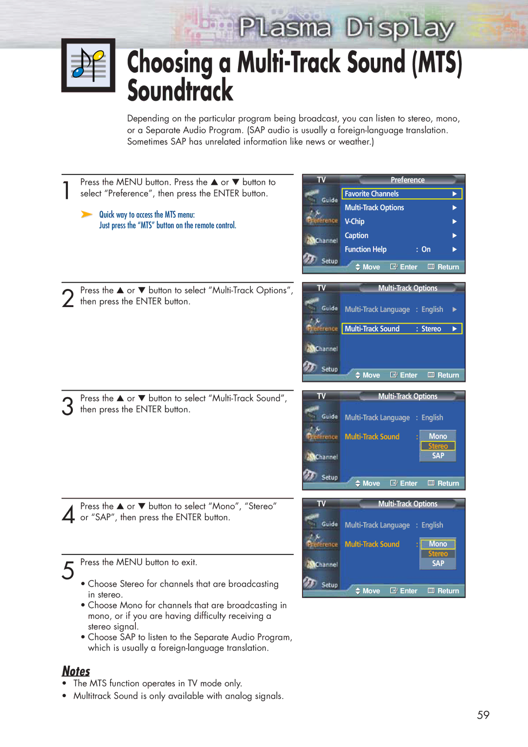 Samsung HP-P5091 manual Choosing a Multi-Track Sound MTS Soundtrack 