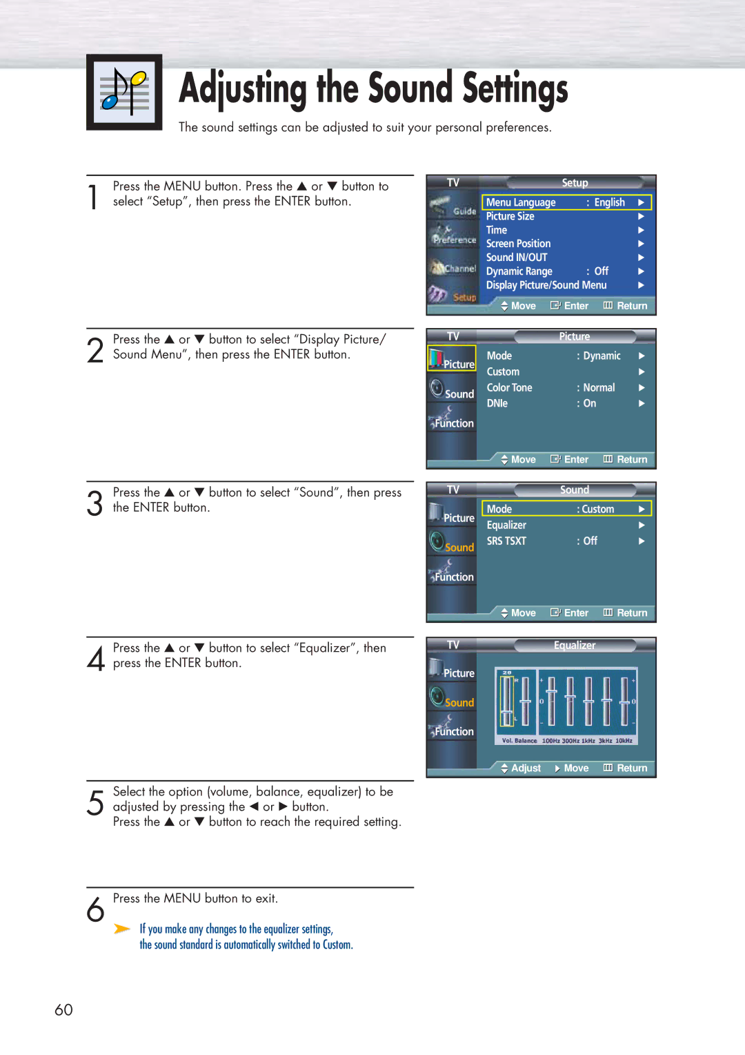 Samsung HP-P5091 manual Adjusting the Sound Settings 