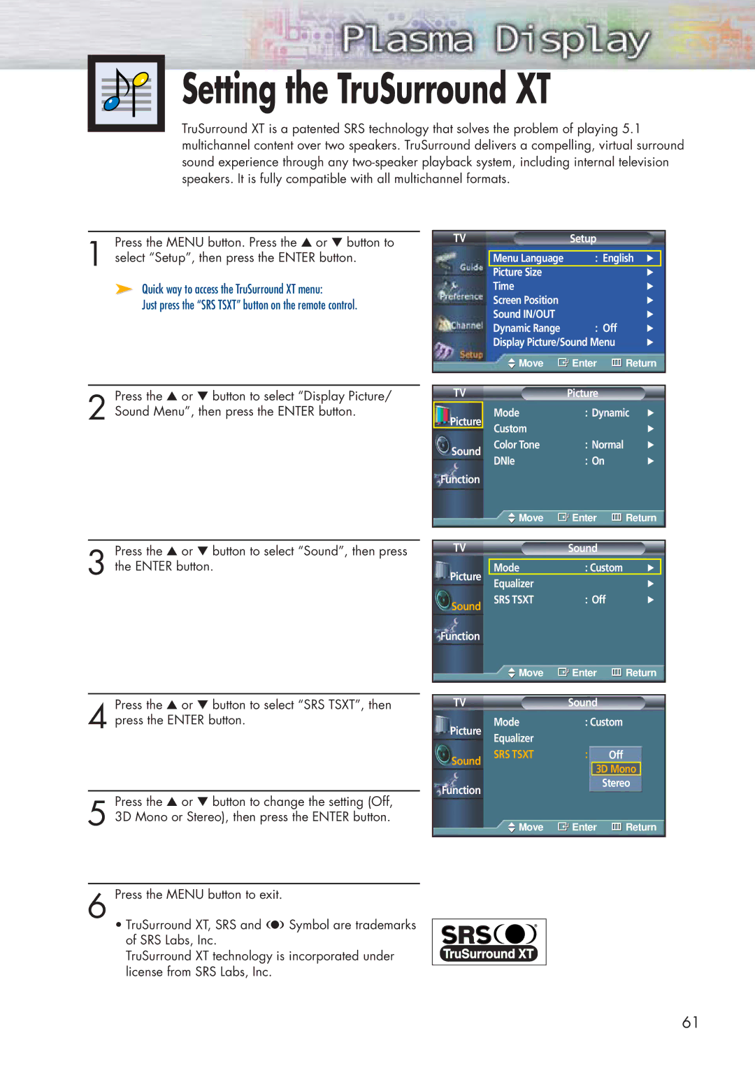 Samsung HP-P5091 manual Setting the TruSurround XT 