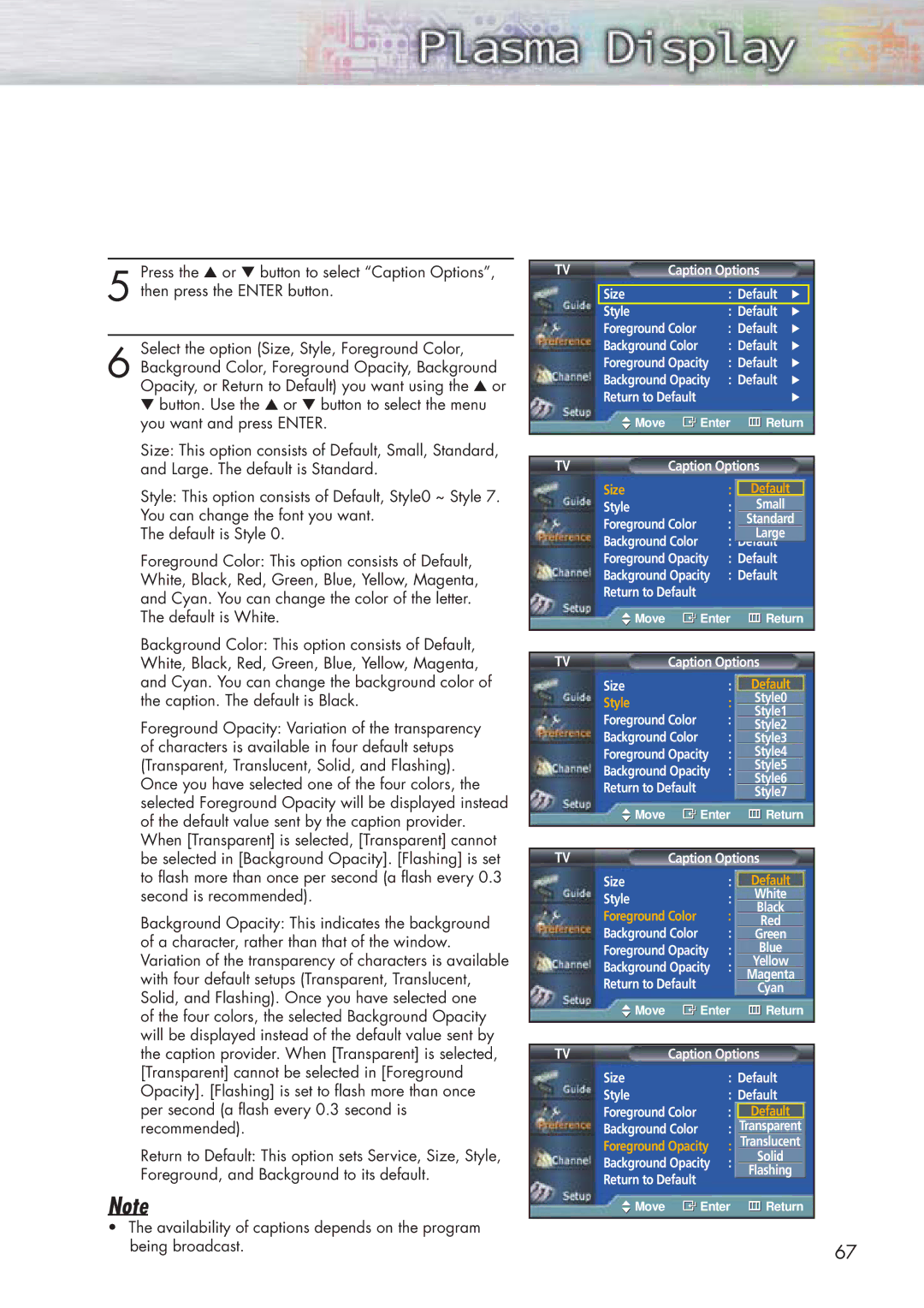 Samsung HP-P5091 manual Caption Options Size Default Style Foreground Color 