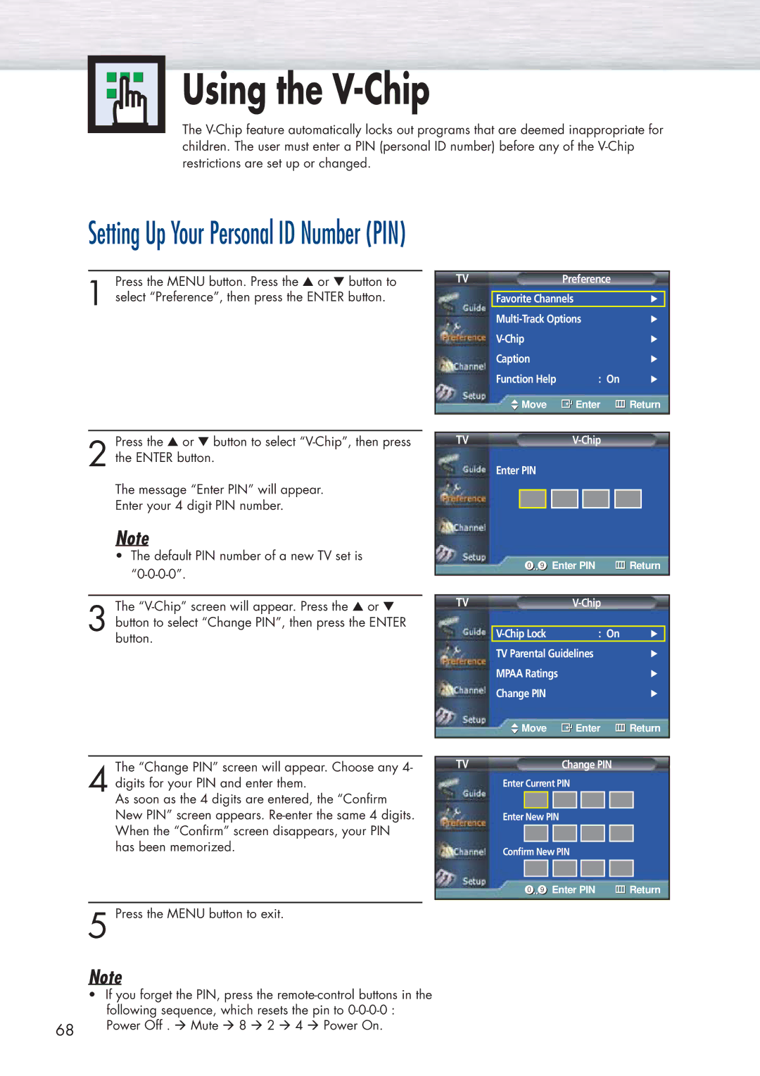 Samsung HP-P5091 manual Using the V-Chip, Setting Up Your Personal ID Number PIN 