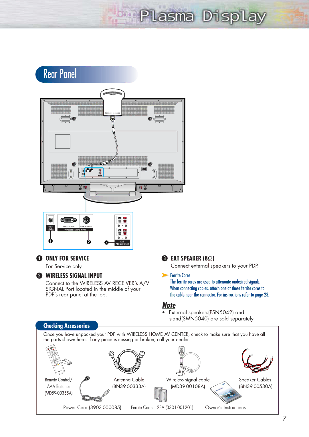 Samsung HP-P5091 manual Rear Panel, EXT Speaker 8Ω 