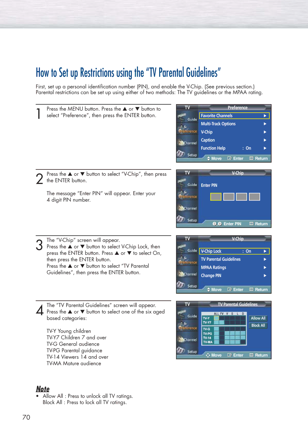 Samsung HP-P5091 manual How to Set up Restrictions using the TV Parental Guidelines 