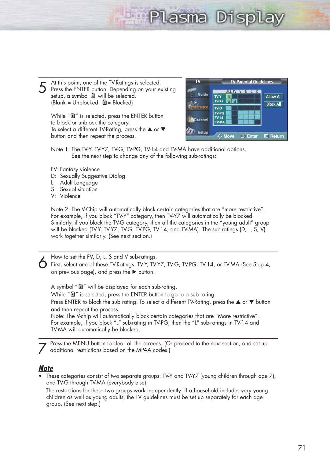 Samsung HP-P5091 manual Allow All Block All Move Enter Return 