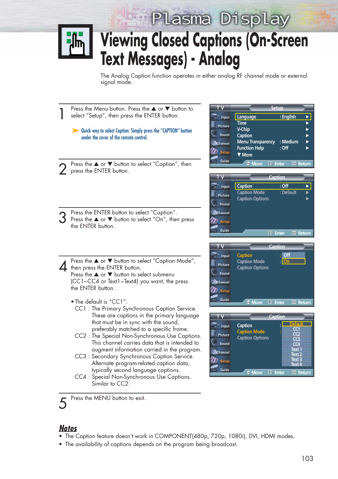 Samsung HP-P5581 manual Viewing Closed Captions On-Screen Text Messages Analog 