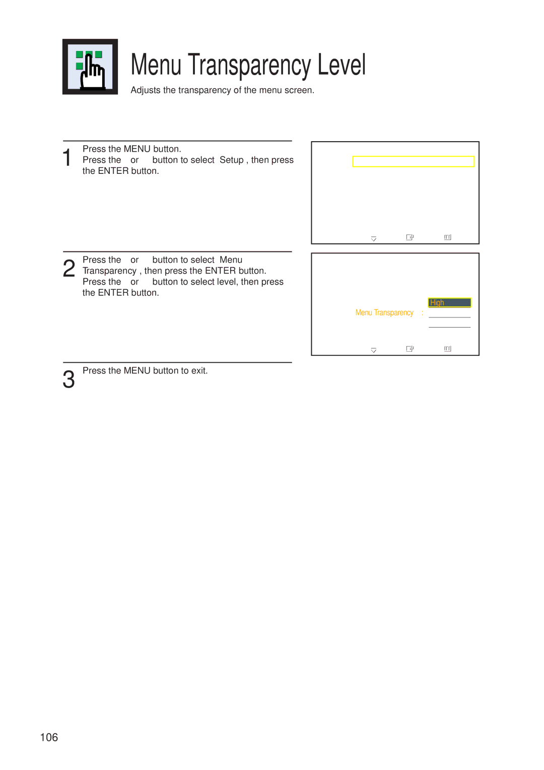 Samsung HP-P5581 manual Menu Transparency Level 