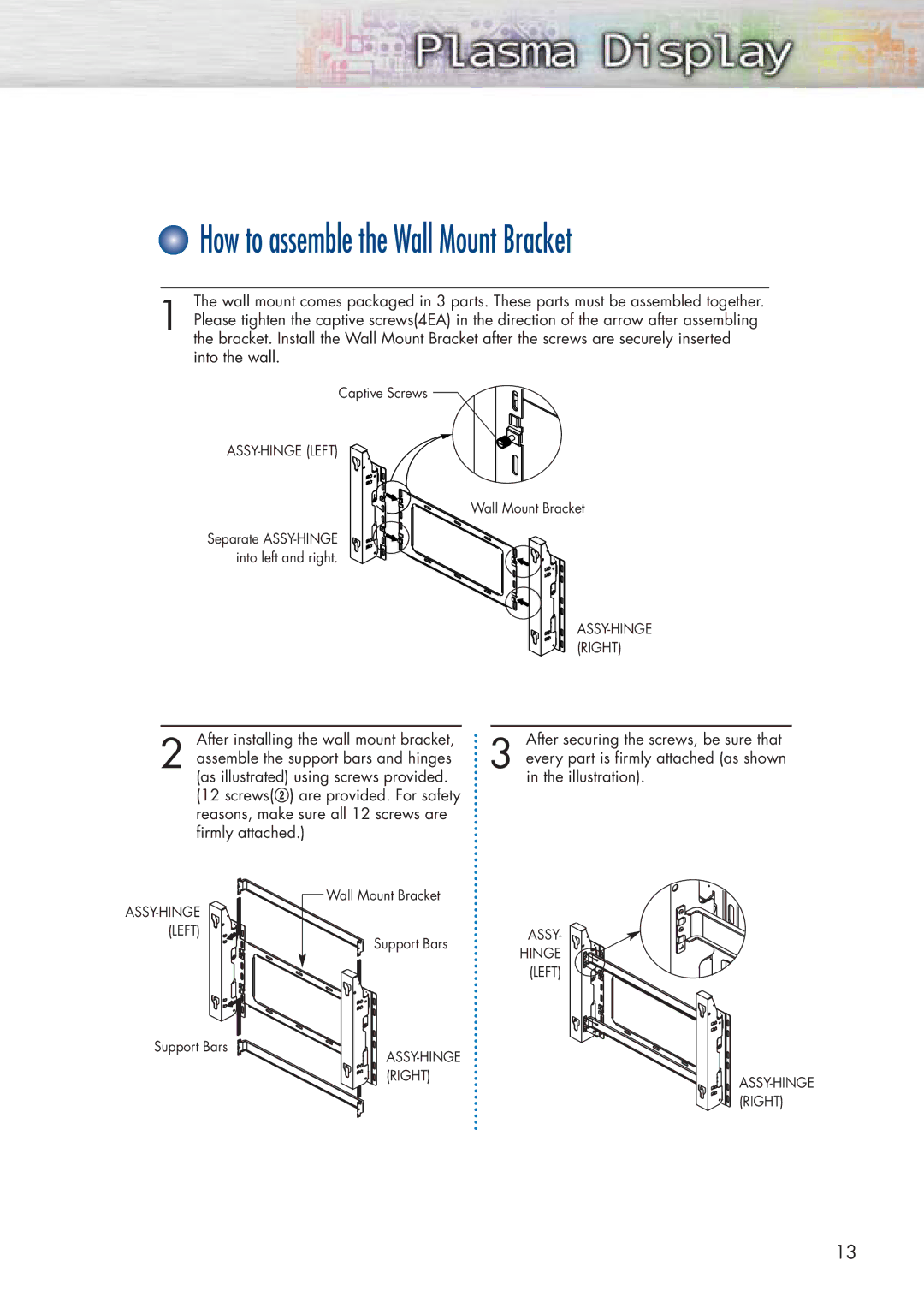 Samsung HP-P5581 manual How to assemble the Wall Mount Bracket 