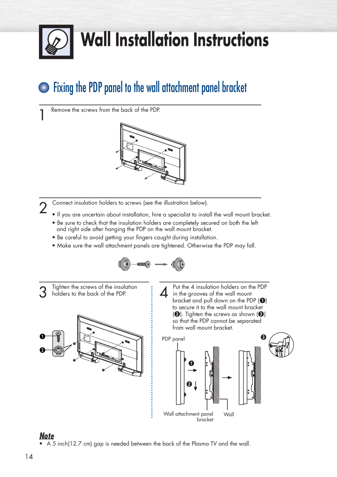 Samsung HP-P5581 manual Fixing the PDP panel to the wall attachment panel bracket 