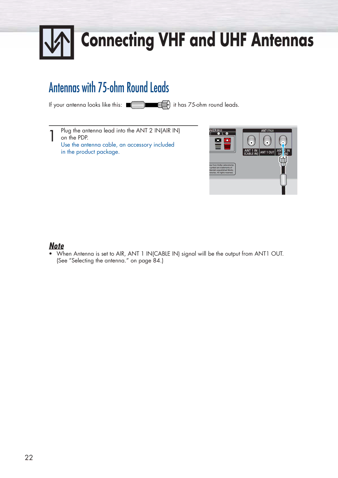 Samsung HP-P5581 manual Connecting VHF and UHF Antennas, Antennas with 75-ohm Round Leads 