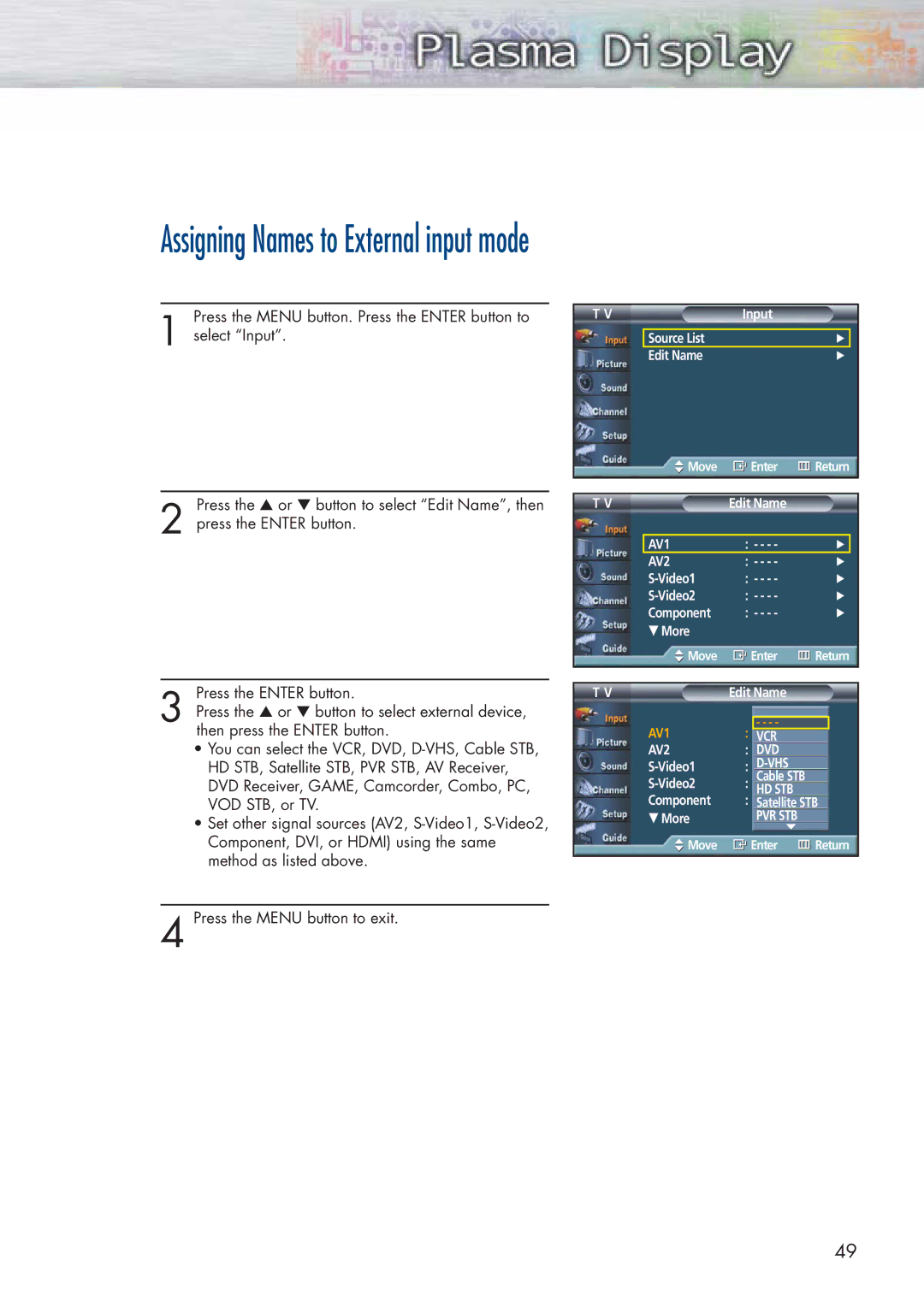 Samsung HP-P5581 manual Assigning Names to External input mode 