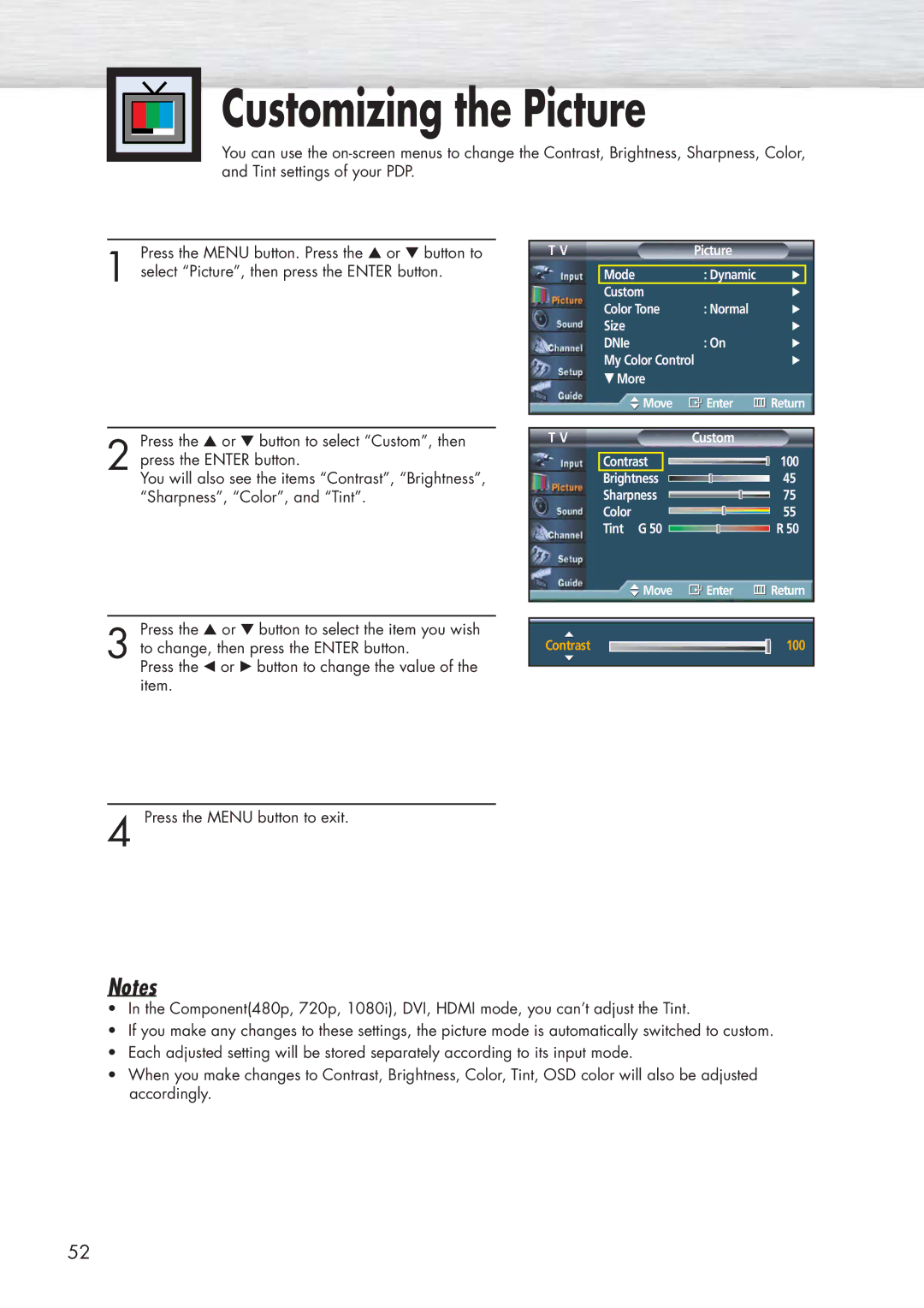 Samsung HP-P5581 manual Customizing the Picture 