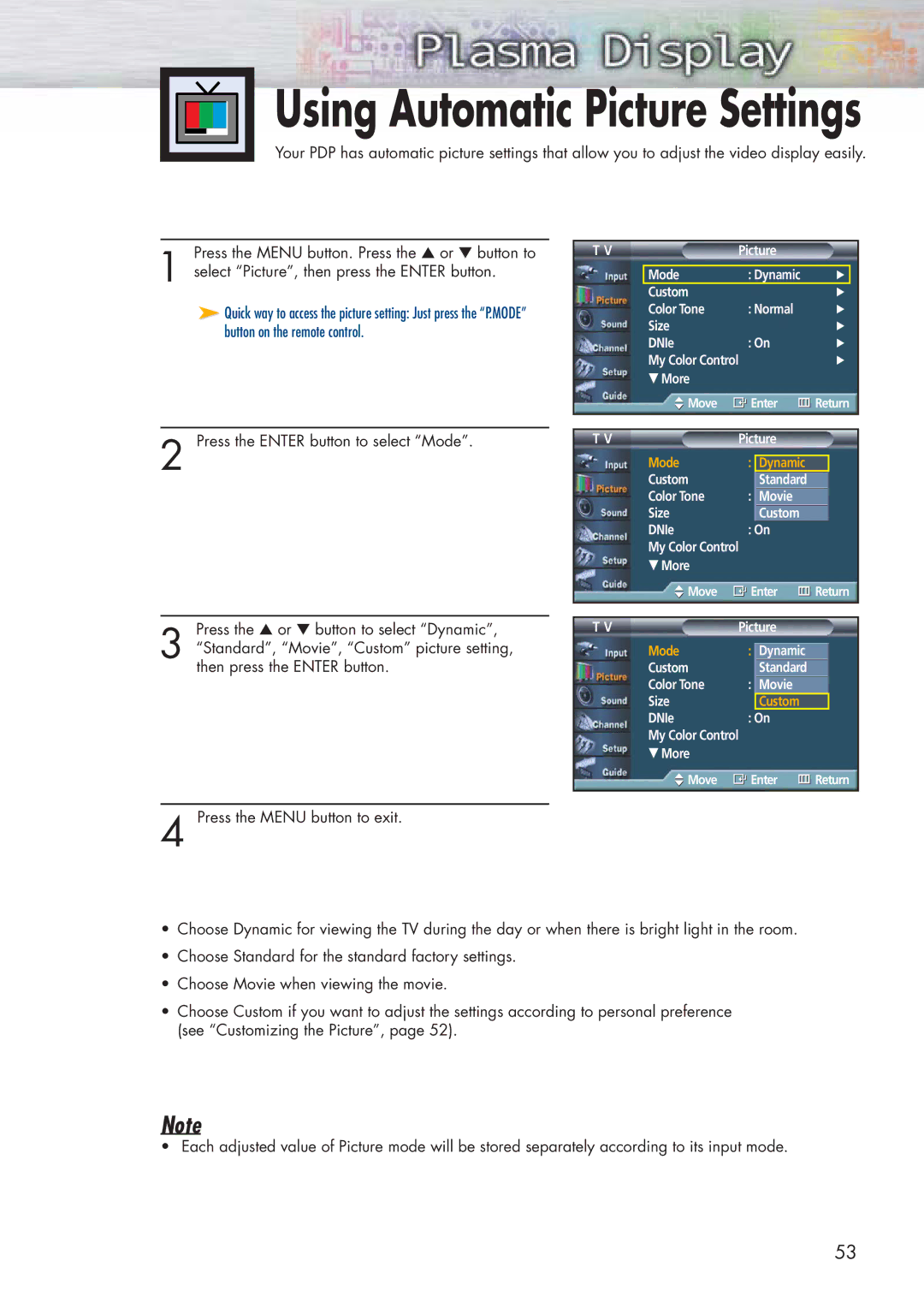 Samsung HP-P5581 manual Using Automatic Picture Settings 