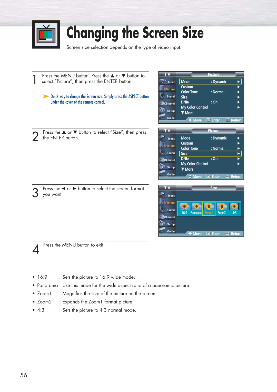 Samsung HP-P5581 manual Changing the Screen Size, Press the or button to select Size, then press Enter button 