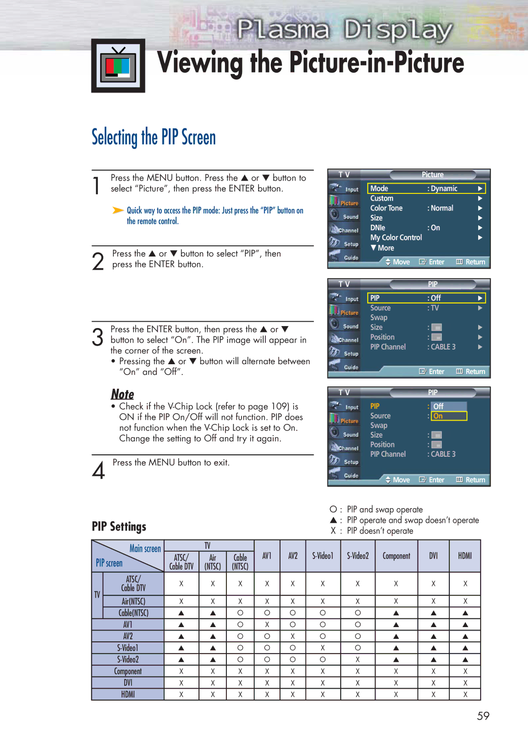 Samsung HP-P5581 manual Viewing the Picture-in-Picture, Selecting the PIP Screen 