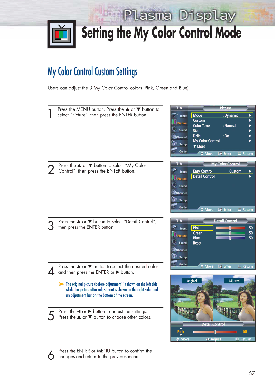 Samsung HP-P5581 manual Setting the My Color Control Mode, My Color Control Custom Settings 