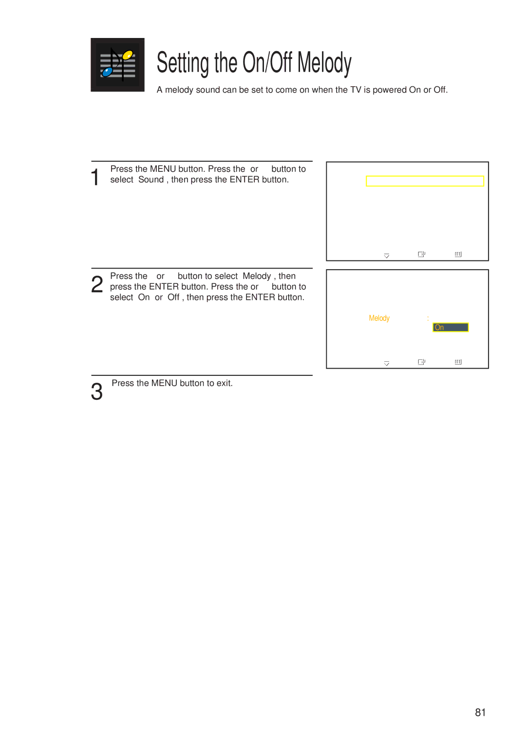 Samsung HP-P5581 manual Setting the On/Off Melody, Press the or button to select Melody, then 